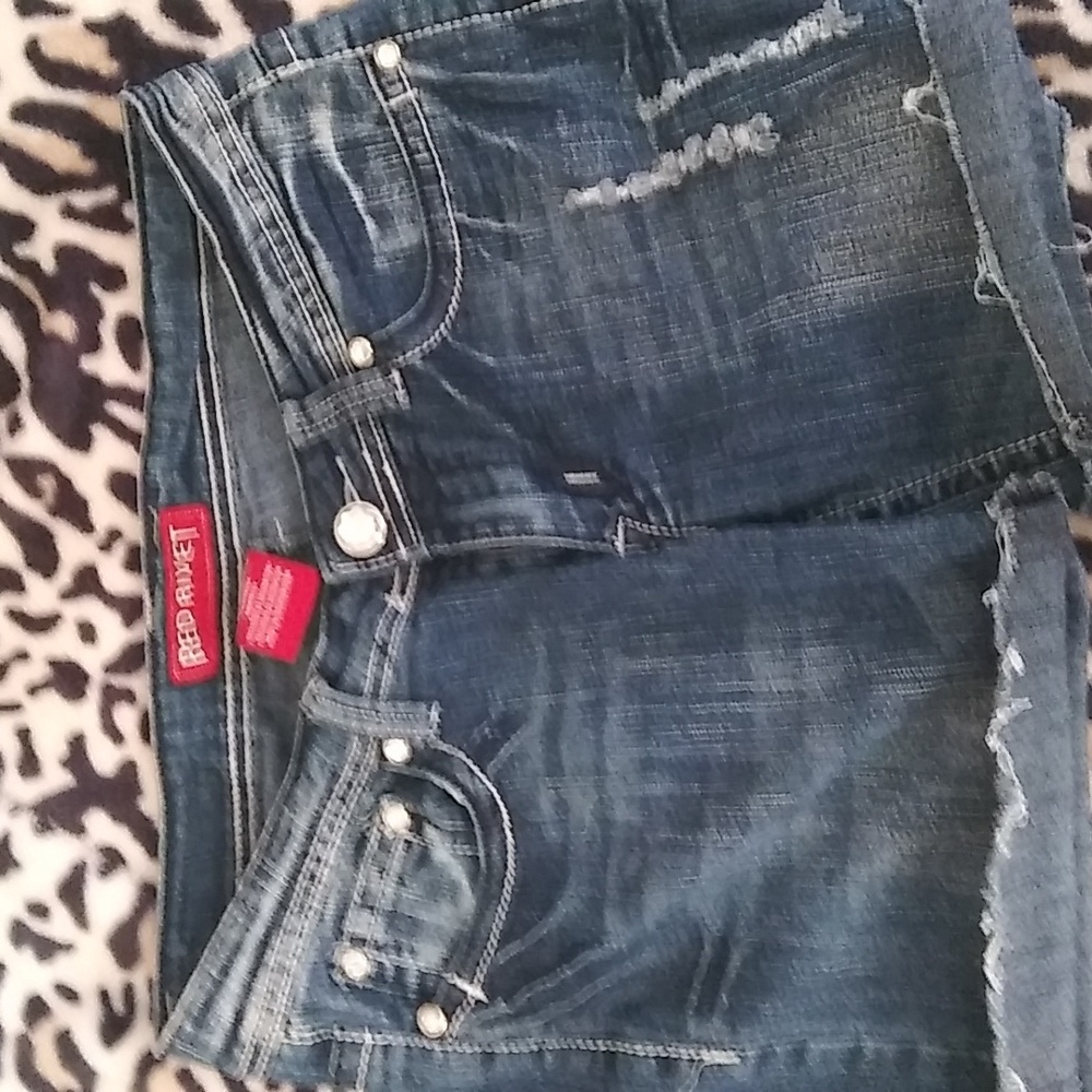 EUC Red Rivet Blue Jean Shorts Distressed Cut-Off Style